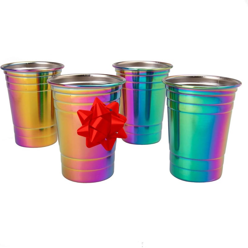 DECO D'Eco Rainbow Stainless Steel Cups - 4 Pack Iridescent 16 oz Tumblers for Kids & Adults- Unbreakable, BPA-Free & Stackable Drinkware for Indoor & Outdoor Use at Family Parties-Xmas Must Have Gift Set - Image 1